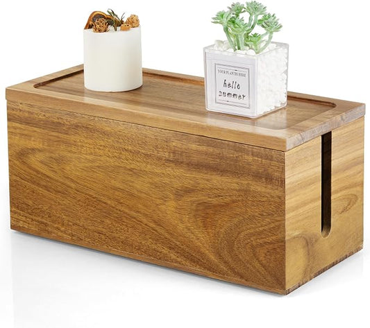 Bivvclaz Cable Management Box Medium, Acacia Wooden Cord Organizer Box for Desk, Floor, Office to Hide Extension Cords Power Stripes Surge Protectors Chargers Wires
