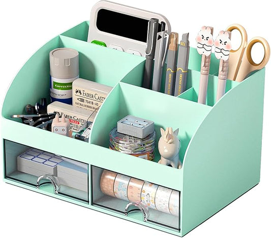 COMFYROOM Desk Organizer with 6 Compartments and 2 Drawers, Plastic Makeup Organizer, Pen Holder for Desktop Storage, Desk Organization for School, Home, Office Supplies (Mint Green)