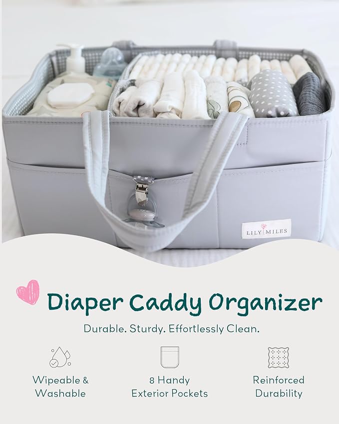 Diaper Caddy Organizer with 8 Pockets, Wipeable Baby Caddy Basket for Diapers and Wipes, Baby Registry Favorites, Nursery Tote Bag for Changing Table or Car (Heather Grey, Large)