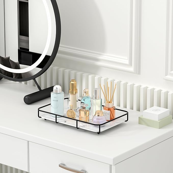 Dobbyby Vanity Tray Makeup Organizer Cosmetics Storage Bathroom Skincare Organizer Countertop Display Rack in Dresser Stainless Steel Shelf Marble Print Ceramic Trays