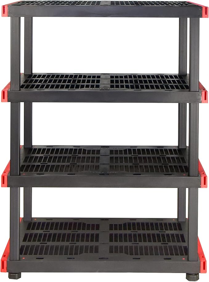 CX Craftsman 4-Tier Heavy Duty Plastic Storage Shelves, Garage Organization | 4-tier storage rack organizes garages, workshops & basements, 200 lb/shelf, 55H x 40W x 24D, easy assembly, black/red