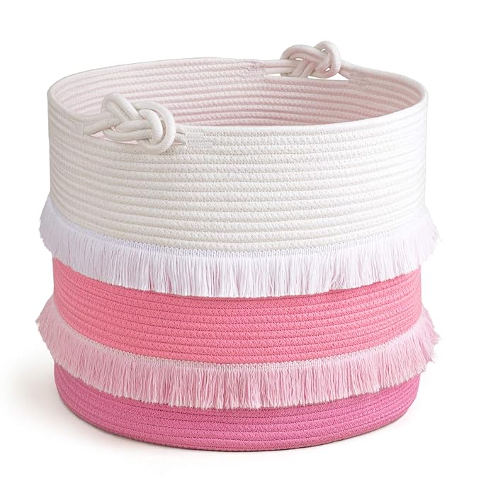 CherryNow 45L Woven Rope Baby Basket with Tassel, 16" x 13", Pink | Decorative Boho Laundry Basket for Blankets & Towels Storage, Fits Living Room & Nuesery Home Decor, with Knotted Handles