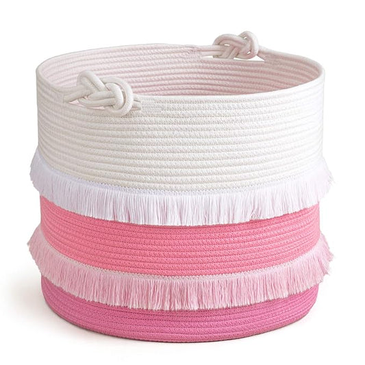 CherryNow 45L Woven Rope Baby Basket with Tassel, 16" x 13", Pink | Decorative Boho Laundry Basket for Blankets & Towels Storage, Fits Living Room & Nuesery Home Decor, with Knotted Handles