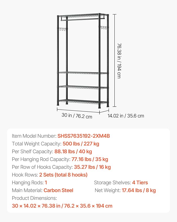 VEVOR Clothing Garment Rack, Heavy Duty Closet Wardrobe, Adjustable Tiers Clothes Racks with Steel Frame, for Bedroom, Clothing Store, Hallway