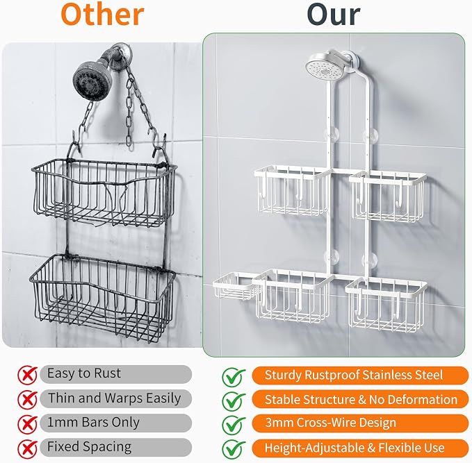 Luxspire Hanging Shower Caddy Overhead, Shower Organizer Hanging, White | No Drilling Required, Height-Adjustable, Thickened Rustproof Stainless Steel, Heavy-Duty, Include 8 Hooks And Soap Holder