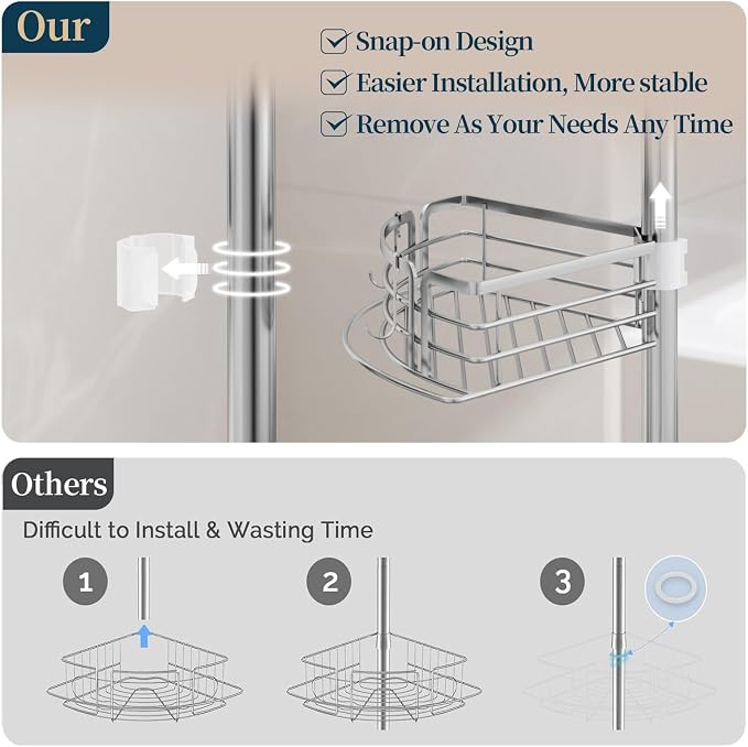 Consumest Corner Shower Caddy Tension Pole - Rustproof Shower Shelves with Towel Bar & Soap Holder, Adjustable Bath Organizer for Bathroom Storage, 27.6-108.3 inch, Silver