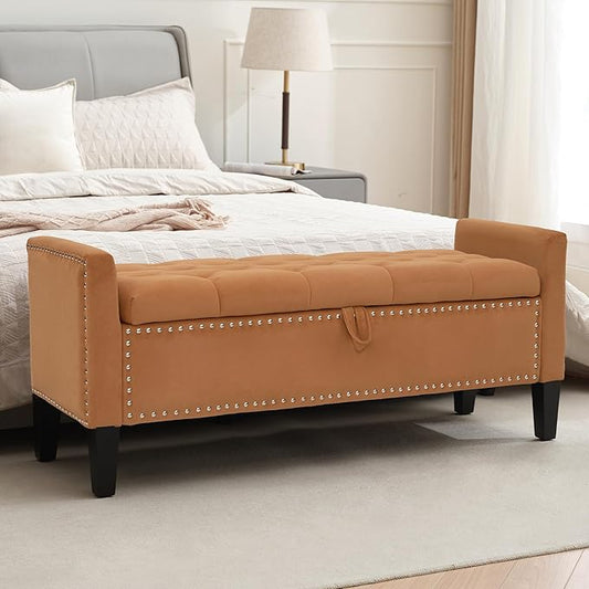 Velvet Ottoman with Storage, 46'' Upholstered Button Tufted End of Bed Bench with Arms, Modern Storage Bench for Living Room, Bedroom, Entryway, Orange