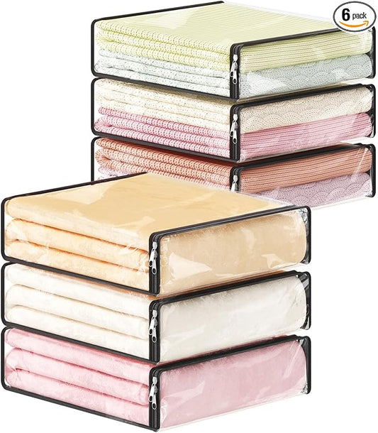Lifewit 14L Clear Sheet Storage Bags with Zipper 6 Pack, Plastic Sweater Storage Bins for Clothing, Vinyl Foldable Clothes Containers Organizers for Closet, Blankets, Bedding 15.7 x 13.8 x 3.9 Inch