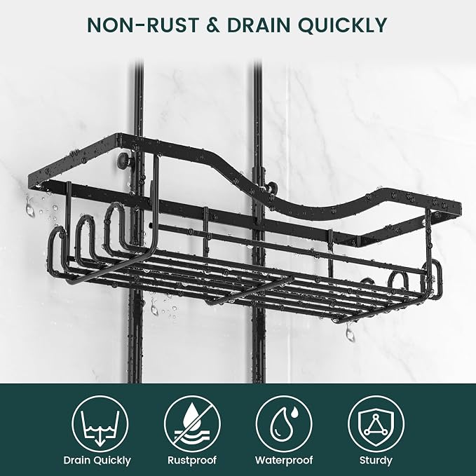 Shower Caddy Hanging Adjustable Shower Caddy, Rustproof Shower Organizer Extended Length Shower Caddies Over Shower Head with Hooks Soap Holder, Large Capacity Anti-Swing Bathroom Storage, Black | Extra Long, No Drilling, Anti-Slip, Shower Caddy Over S...