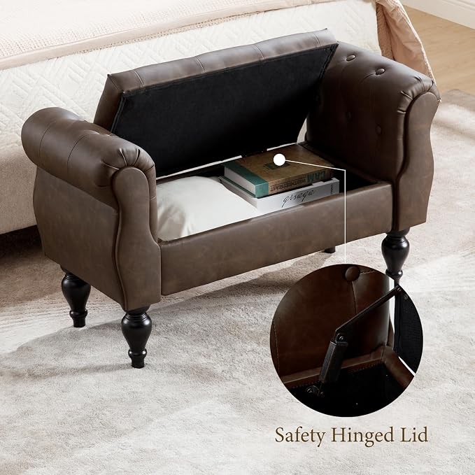 Storage Bench with Arms End of Bed Bench,Pu Leather Entryway Bench with Storage, Button Tufted Upholstered Ottoman Bench Wood Legs, Window Sitting Bench for Bedroom/Living Room/Hallway, Brown