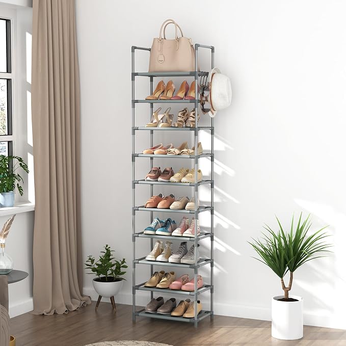 LANTEFUL 10 Tiers Tall Shoe Rack 20-25 Pairs Boots Organizer Storage Sturdy Narrow Shoe Shelf for Entryway, Closets with Hooks, Grey