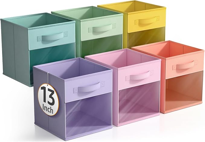 Sorbus 13 Inch Storage Bins with Clear Window - 6 Foldable Baskets for Organizing Clothes, Toys, Books - Sturdy Collapsible Fabric Storage Cubes with Handle - Storage Baskets for Shelves, Closets