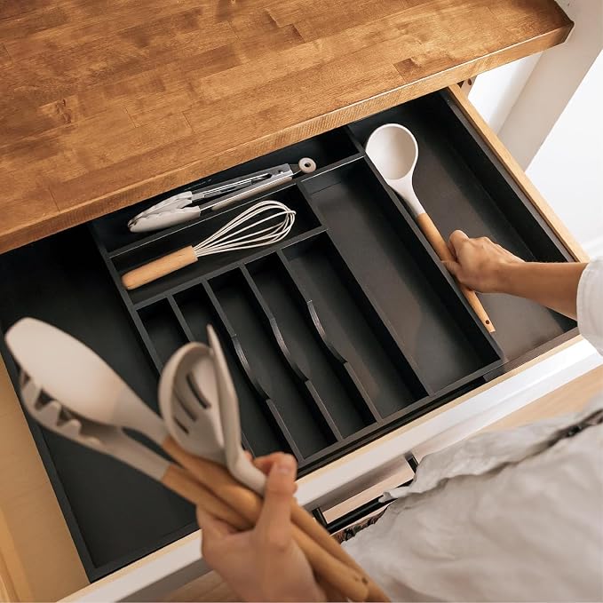 KitchenEdge Silverware & Utensil Drawer Organizer, 16-28 in, Black Bamboo | Cutlery, flatware, food-safe contract grade, kitchen drawer fit