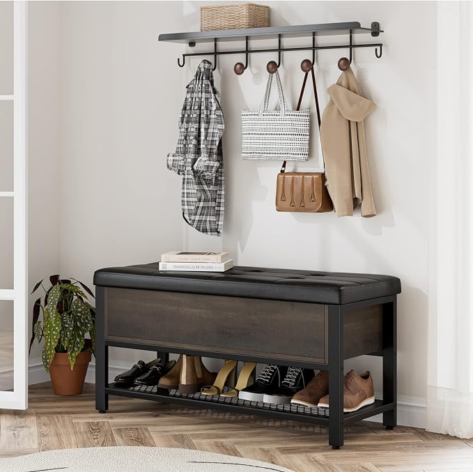 HOSTACK 40" W Storage Bench, Entryway Shoe Bench with Cushion, Dark Brown | Wood Metal Bench with Flip-Open Hidden Storage, Ottoman Bench with Padded Seat & Shoe Rack for Hallway, Bedroom, Living Room