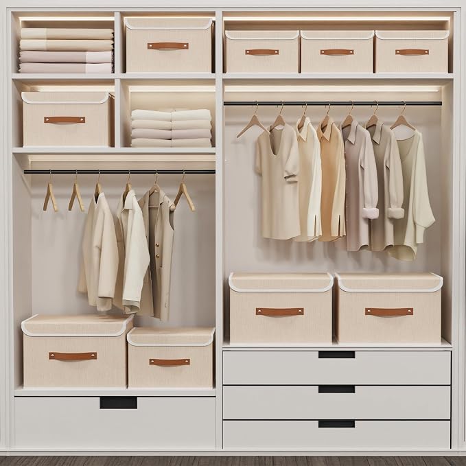 Yawinhe Fabric Storage Boxes with Lids,Beige,15.0x9.8x9.8in,1-Pack | Container with Leather Handle,Washable Storage Basket, Clothes Blanket Bin,Collapsible Closet Organizer for Bedroom