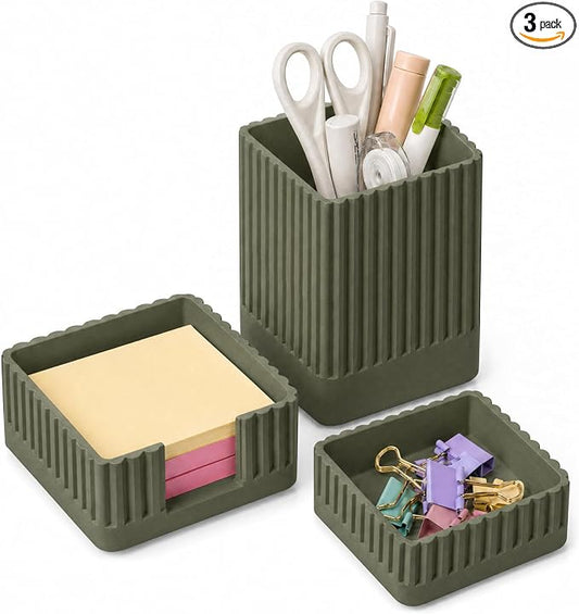 Desk Organizer Set of 3 for Office Accessories - Includes Pen Holder, Paperclip Storage, and Sticky Note Holder - Aesthetic Concrete Desktop Accessories for Women or Men, Office Decor (Green)