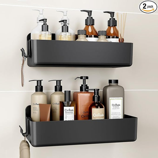 Orimade Shower Caddy 2-Pack, No-Drill Adhesive Shelves with 4 Hooks for Bathroom, Rustproof ABS Plastic Storage Organizer Set, Black