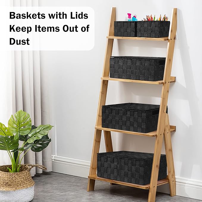Storage Baskets with Lids: 5 Pack Stackable Woven Storage Bins, Black | Decorative Woven Baskets for Organizing with Built-In Handles for Shelves, Closets, Cabinets and Cubbies, Gift Small Basket