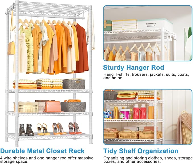 Ulif H4 Portable Closets, 4-Tier Metal Clothes Garment Rack for Bedroom and Cloakroom, Clothing Closet Storage and Organizer Wardrobe, 35.4" W x 14" D x 76.4" H, White | Freestanding Clothing Closet Storage and Organizer Wardrobe for Apartment and Cloa...