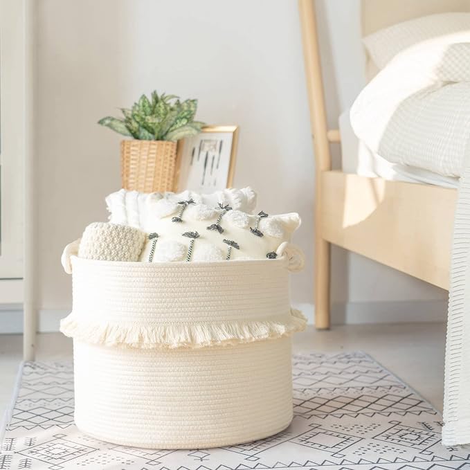 CherryNow 45L Woven Rope Baby Basket with Tassel, 16" x 13", Off-White | Decorative Boho Laundry Basket for Blankets & Towels Storage, Fits Living Room & Nuesery Home Decor, with Knotted Handles