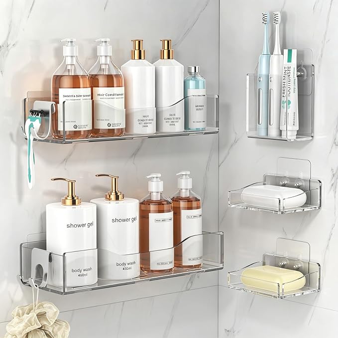 Rust-proof Shower Shelves, Bathroom Storage Organizer Shower Caddy (Clear 5-Pack)