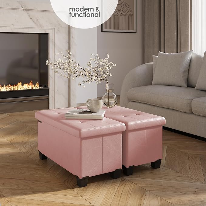 Storage Ottoman Bench with Bins, 30-in Storage Bench for Bedroom End of Bed, Folding Foot Rest Ottoman for Living Room Max 660lbs, Leather Ottomans, Pink
