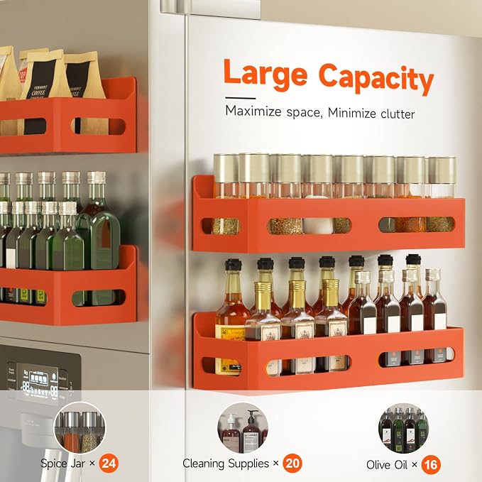 Sevenblue 4-Pack Magnetic Spice Rack for Refrigerator with Hooks, Orange | Strong multipurpose magnetic shelf for kitchen & bathroom organization. Includes 4 removable hooks for hanging items.
