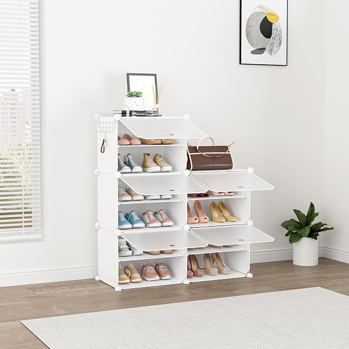 Shoe Rack 10 Tier Shoe Storage Cabinet with Door 20 Pair Tall Shoes Rack Organizer Free Standing Expandable Stable Plastic Easy Assembly Shoes Shelf for Closet Hallway Entryway Bedroom White
