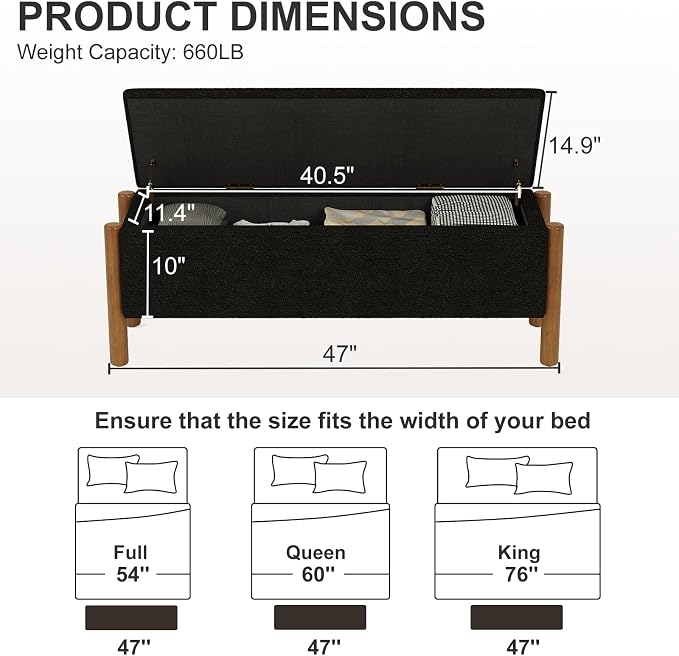 Storage Ottoman Bench, End of Bed Bench for Bedroom, 47" Boucle Upholstered Entryway Shoe Seat Bench, Holds up to 660 lb Storage Ottoman, Padded Blanket Chest Stool Foot Rest for Living Room Black