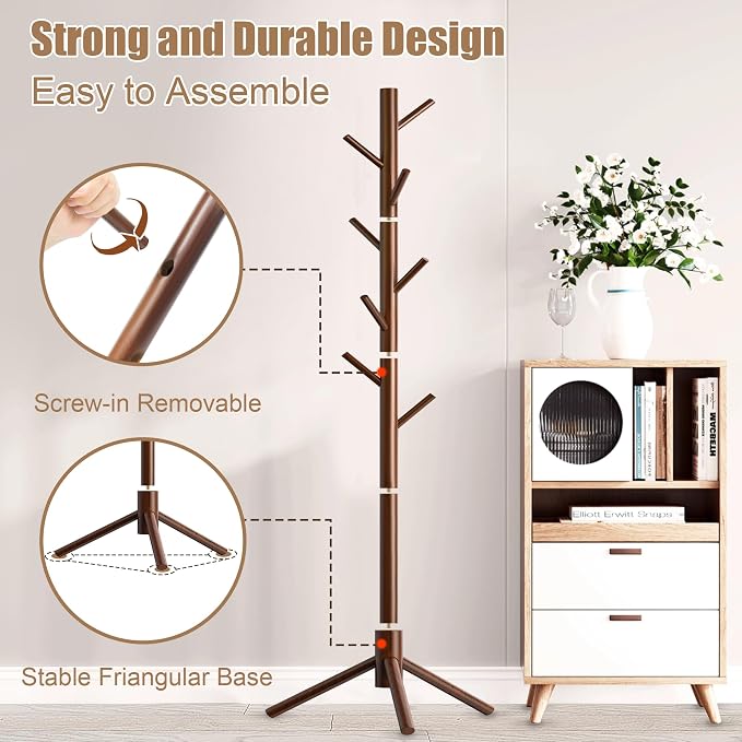 Aliphon Wooden Coat Rack Stand, Freestanding Coat Rack with 8 Hooks, 3 Adjustable Size Coat Tree for Hats, Coats, Scarves bags, Coat Hanger Stand Used in Bedroom/Office/Entryway （Brown）