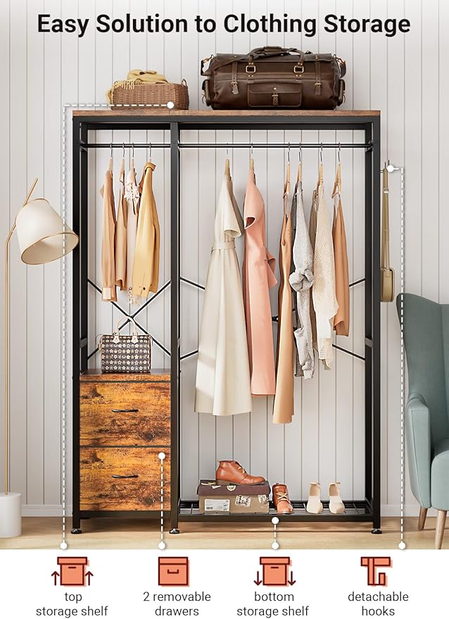 Lulive Clothes Rack with 2 Rods, Shelves, Drawers & Hooks, Garment Rack | Clothes rack with 2 hanging rods (50lbs each), 2 shelves, 2 fabric drawers & 4 hooks. 300lb total capacity. Fits small spaces