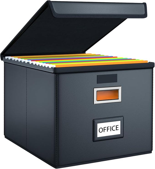 File Organizer Box with Lids, Collapsible File Folder Organizer | File Box with Plastic Slides for Document, Filing Bin for Letter Size Hanging File Folders (4 Pack, Black, Leather)