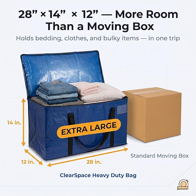 ClearSpace Heavy Duty Moving Bags or Storage Bag – Large Moving Boxes with Backpack Straps, Zippers & Handles – Perfect for Moving, College Dorm, Traveling, Camping, Christmas Decorations, 6 Pack