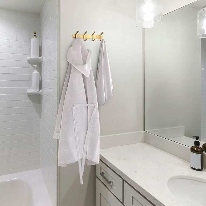 Brushed Gold Wall Mounted Coat Rack – 12 Inch Stainless Steel Rail with 4 Double Coat Hooks for Entryway, Bathroom, Bedroom, Kitchen – Modern Gold Hook Rack for Coats, Hats, Towels