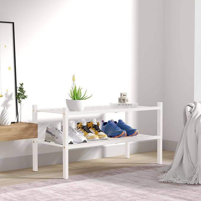 ROMGUAR CRAFT 2 Tier Bamboo Shoe Rack for Closet Free Standing Wood Shoe Shelf for Entryway Small Space Stackable 27"x11"x13" (White)