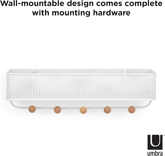 Umbra Estique Entryway Organizer, Wall Mount Key Holder, White/Natural | Steel construction, perforated mail bin, five wooden knob hooks, hidden mounting hardware, holds up to 5 lbs