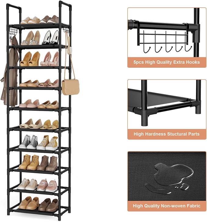 LANTEFUL 10 Tiers Shoe Rack 25 Pairs Large Capacity Tall Shoe Organizer Sturdy Shoe Storage with Two Hooks Space Saving Metal Narrow Shoe Rack for Closet, Entryway, Bedroom, Black