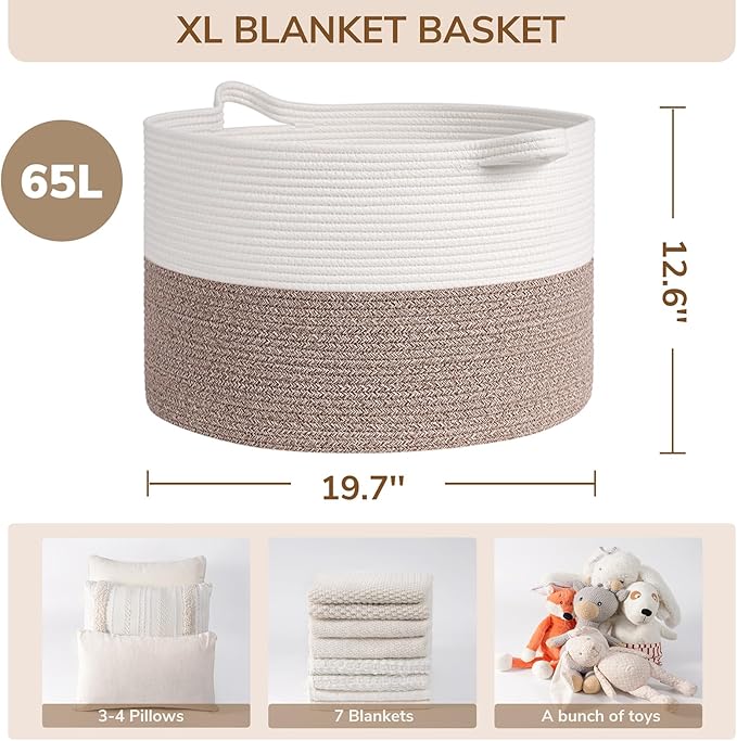 INDRESSME Large Woven Rope Blanket Basket Living Room Brown, 65L | 19.7" x 12.6" Storage baskets for laundry, toys & pillows. For living room, bedroom or nursery decor. soft-touch, gift basket