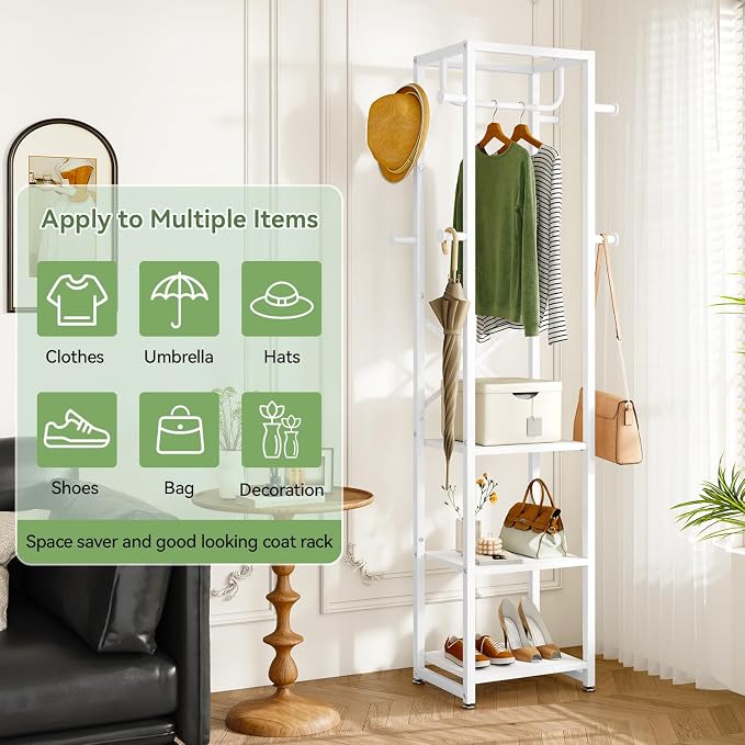 IBUYKE Freestanding Coat Rack,with 3 Shelves and 8 Hooks,White UTMJ088W | Metal Frame,Industrial Hall Tree,Clothes Stand for Entryway, Hallway, Bedroom,Office, Living Room