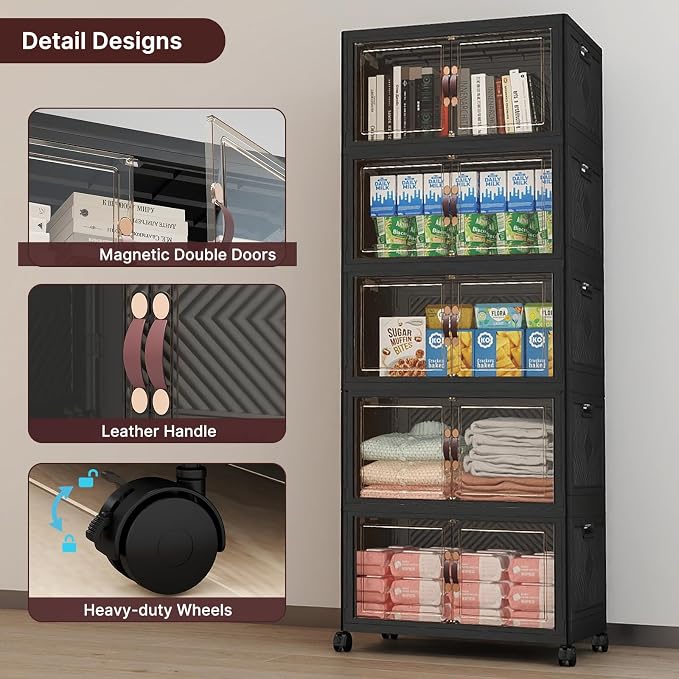 UAMFURI Stackable Storage Bins with Lids, 240QT Lockable Storage Cabinet | Folding Storage Box with Doors and Wheels, Collapsible Plastic Drawers for Home, Garage, Office