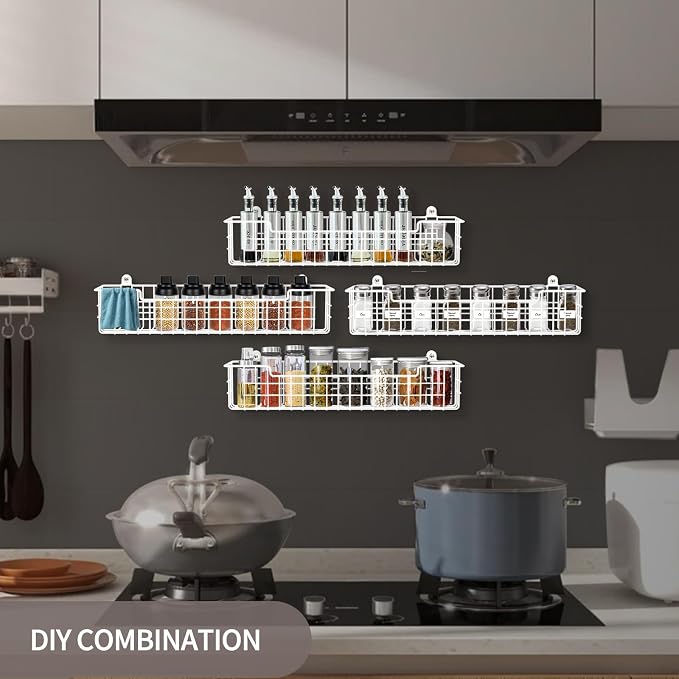 Spice Rack, 4-Pack Seasoning Organizer Wall Mount for Kitchen Storage Organization, Spice Holder Metal Shelf Saving Space for Cabinet, RV, Pantry, White