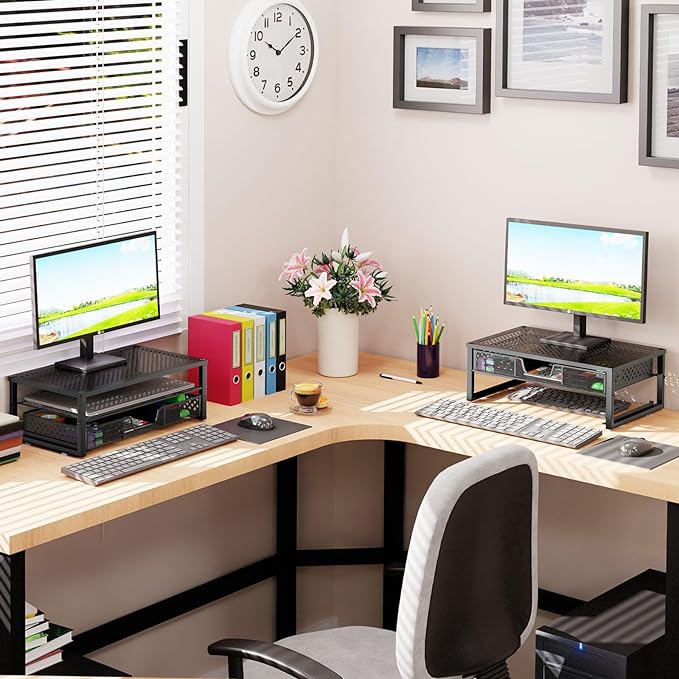 Simple Trending Metal Monitor Stand Riser and Computer Desk Organizer with Drawer for Laptop, Computer, iMac, Black | 16"W x 10"D x 6.25"H. Sturdy Metal Frame. 2-tier + drawer. Holds 66 lbs. Anti-slip. Fits laptop, monitor, iMac. Easy assembly