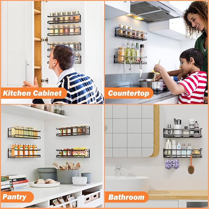 Bunoxea Spice Rack Wall Mounted 2 Pack, Black,11.41x2.75x2.75in | 2 Removalble Hooks,Screw or Adhesive Hanging,Space-Saving,For Kitchen Cabinet, Pantry Door,Stove,RV