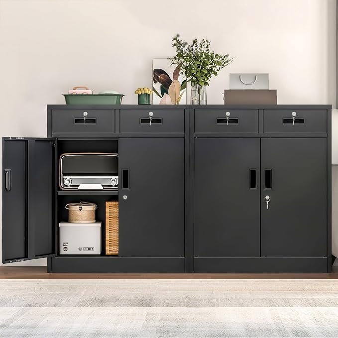 Wanfu Metal Storage Cabinet, 36" H Locking Storage Cabinet with 2 Drawers and Adjustable Shelf, Metal Cabinets for Office, Garage, Home-Black