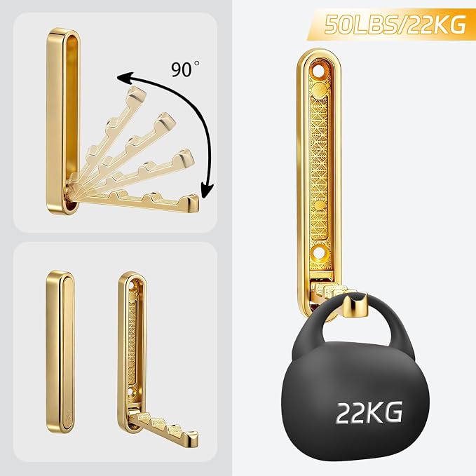 4.33 in Extended Folding Coat Hooks, 2 Pack Gold Wall Hooks, Zinc Alloy | 90° Foldable Design, Wall Mounted, Zinc Alloy, Flip-Down Design, Includes Screws And Anchors, For Bedroom, Entryway, Closet