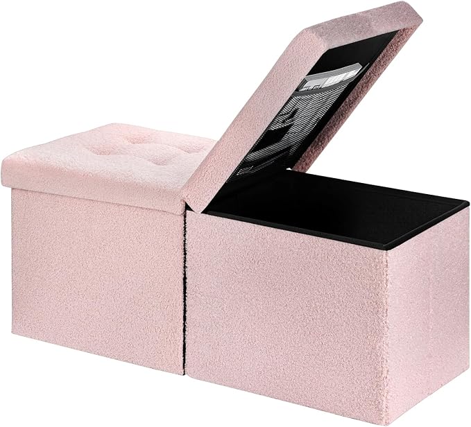 AmasSmile Ottoman Storage Bench, 34" Teddy Velvet Folding Stool Pink | Large Ottoman with Storage, Thicker Foam Padded Seat, Livingroom, Dorm, Bedroom, Entryway, Easy to install, 34 x 13 x 13in