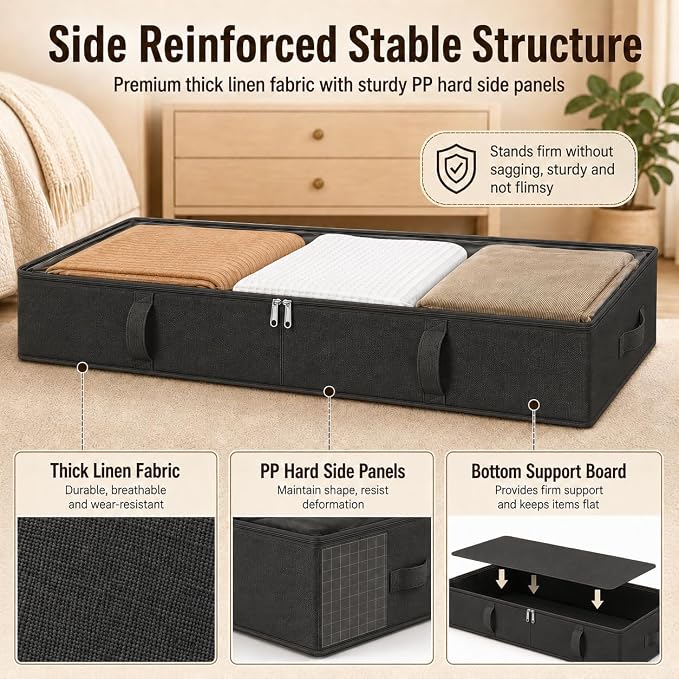 Vailando Storage Containers, 8 Inches Tall 80L Underbed Storage Bins with Sturdy Handles and Sidewalls, Closet Organizer for Clothes, Blankets, Seasonal Items, Black, 2-Pack