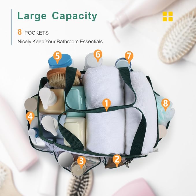 F-color Shower Caddy Portable - Mesh Shower Bag Basket Tote for College Dorm Room Essentials Bathroom Gym Camp Quick Dry for Women Men with S Hook, Green Pineapple | 2-Handle, Quick-Dry, Toiletry Organizer, College Dorm Room Essentials for Girls, Gym, ...
