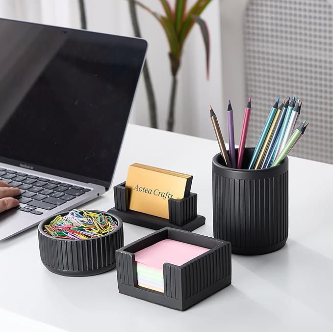 Set of 4 -Concrete Office Desk Accessories for Men-Modern Industrial Decor | Aesthetic Desk Organizers-Pen,Business Card,Sticky Note &Paper Clip Holders