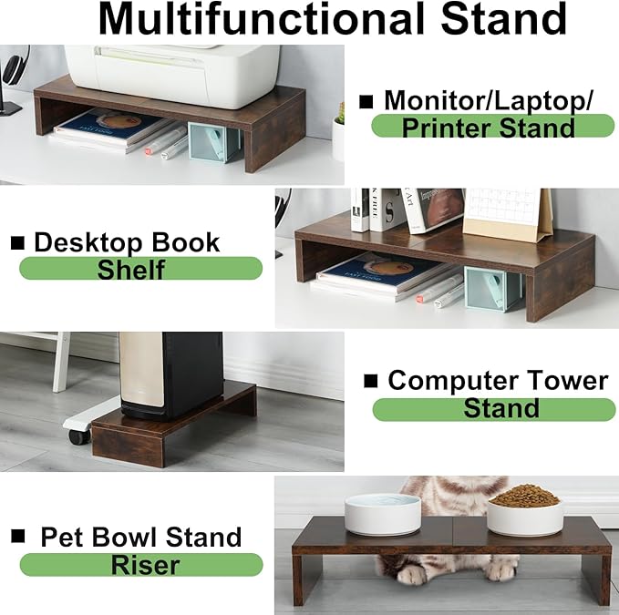 TEAMIX 2-Pack Monitor Stand Riser 20 inch, Wooden Tabletop Shelf, Brown | For 2 Monitors, Laptop, Printer, TV, PC Tower, Rustic Brown Monitor Riser with Storage, Computer Stand Ergonomic Design